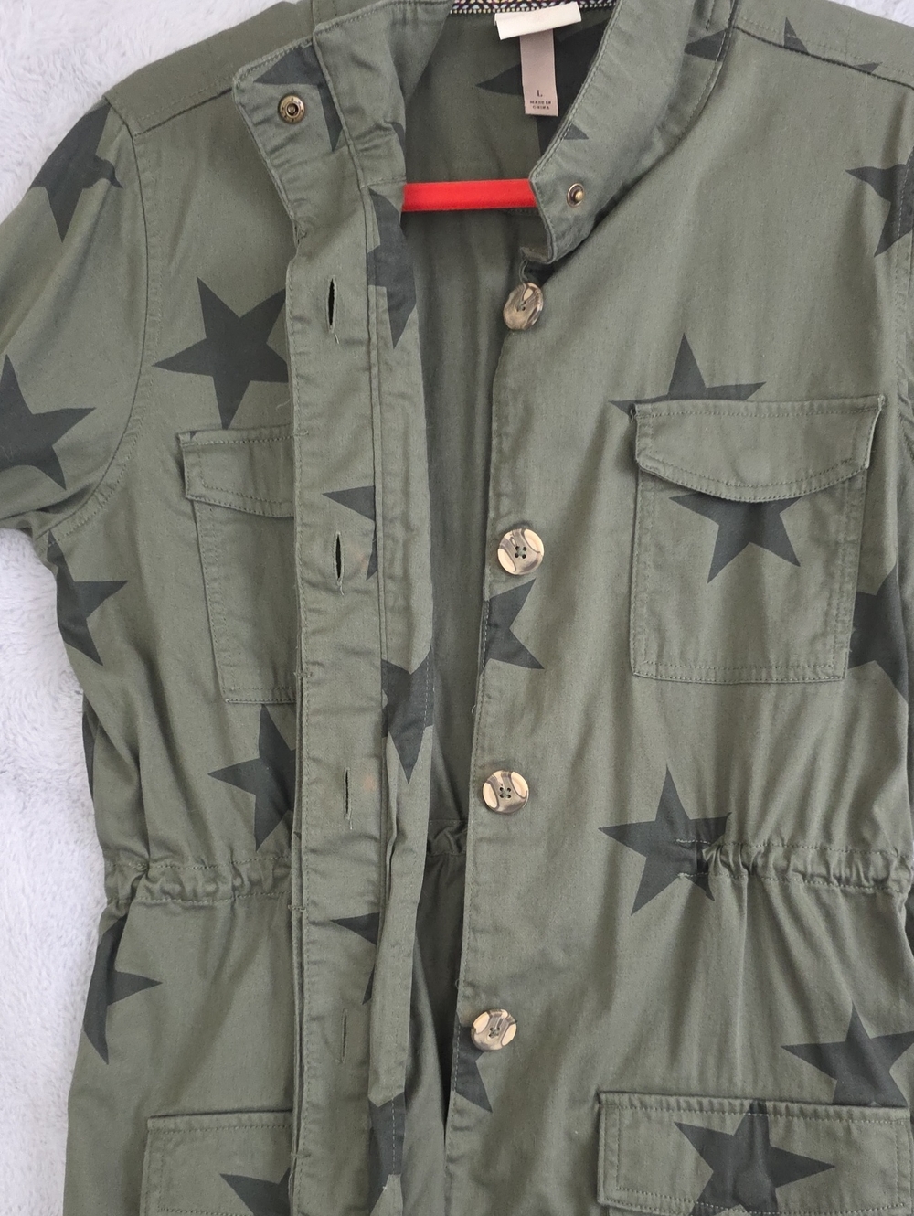 Knox Rose Olive Green Star Print Utility Jacket Women's Large Military Cargo Ano - Picture 9 of 13